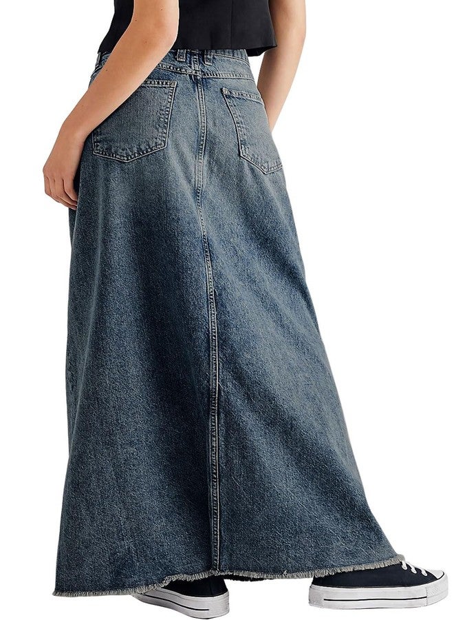 CHARTOU Women Vintage Denim Maxi Skirt Frayed Raw Hem High Waist A-Line Long Jean Skirt (X-Large, Blue) - Image 2